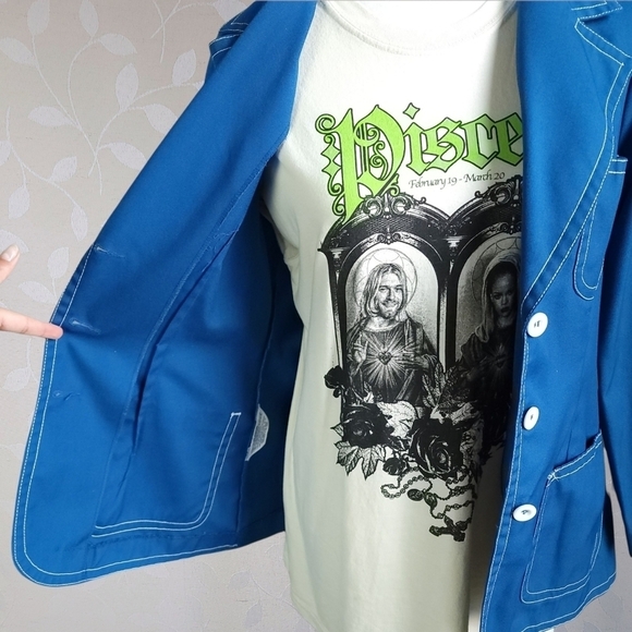 Vintage 70s Koratron Contrast Stitch Blazer Chore Jacket Koret Cerulean Blue Sm - Picture 13 of 16